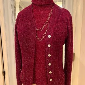 Maroon subtle sparkle sleeveless turtleneck ~ matching V neck button short cardi